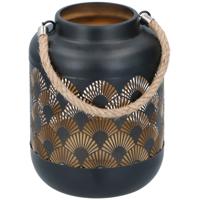 Sfeer lantaarn zwart metaal Waaier print stijl - 17 cm - met touw hengsel - Diameter 13 cm