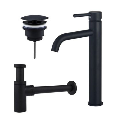 Fortifura Calvi Wastafelkraanset - verhoogde wastafelkraan - always open plug - design sifon - Mat zwart SW377834/SW696205/SW696210