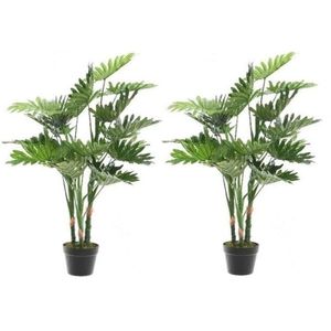 2x Groene Philodendron Monstera gatenplant kunstplanten 100 cm met zwarte pot   -