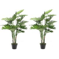 2x Groene Philodendron Monstera gatenplant kunstplanten 100 cm met zwarte pot   -