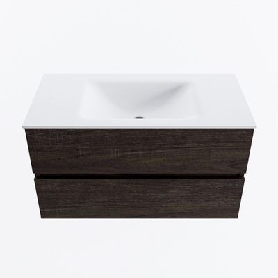 MONDIAZ VICA 90cm badmeubel onderkast Dark Brown 2 lades. Wastafel CLOUD midden zonder kraangat, kleur Talc.