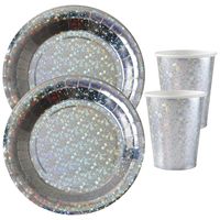 Feest wegwerp servies set - glitter - 20x bordjes / 20x bekers - zilver