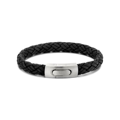 Armband leder-staal zwart-zilverkleurig 8,6 mm