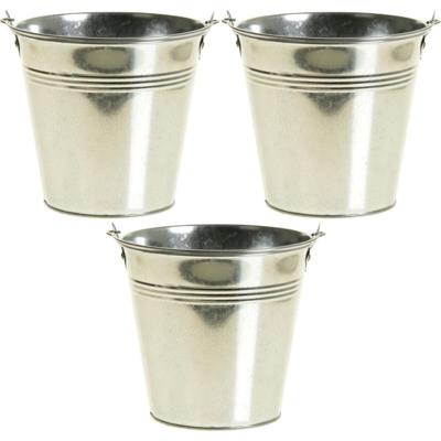 Zinken emmertje/bloempotje - 3x - zilver - 14 x 12 cm - Mini decoratie emmer