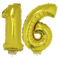 16 jaar leeftijd feestartikelen - versiering cijfers - ballonnen op stokje - van 41 cm - goud