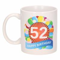 52 jaar Verjaardag koffiemok - cadeau beker - feestelijke ballonnen print - 300 ml - keramiek - wit