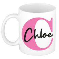 Naam mok Chloe - roze - wit - keramiek - 300 ml - verjaardag/cadeau beker