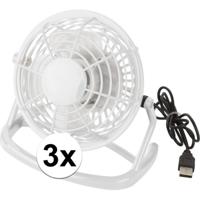 Mini bureau ventilator - 3x - USB - wit - 15 cm - verkoeling - tafelventilator