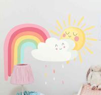 Tekenfilm stickers Gelukkige zon en wolken met regenboog
