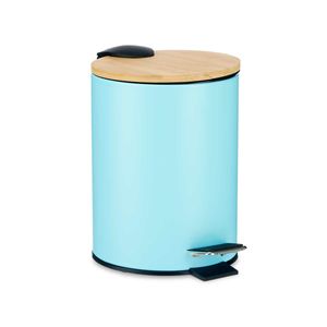 Prullenbak/pedaalemmer - turquoise blauw - 3 liter - metaal/bamboe - 17 x 23,5 cm