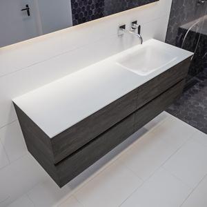 Mondiaz Vica Cloud badmeubel eiken donker bruin 150 cm 4 lades solid surface enkele spoelbak rechts zonder kraangat