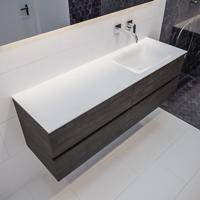 Mondiaz Vica Cloud badmeubel eiken donker bruin 150 cm 4 lades solid surface enkele spoelbak rechts zonder kraangat - thumbnail