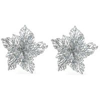 2x Kerstboomversiering op clip zilveren glitter bloem 23 cm - thumbnail