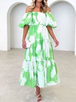 Boat Neck Floral Regular Fit Vacation Dress With Belt - thumbnail