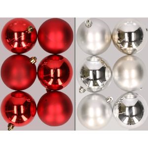 12x stuks kunststof kerstballen mix van rood en zilver 8 cm   -
