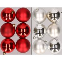 12x stuks kunststof kerstballen mix van rood en zilver 8 cm   - - thumbnail