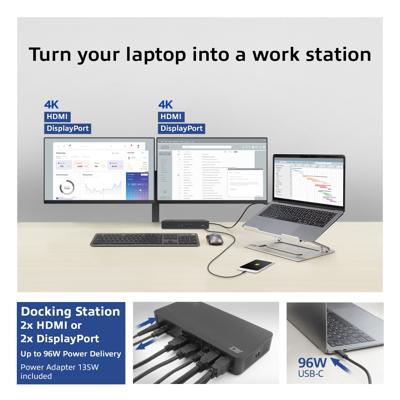 ACT USB-C Docking Station 4K, voor 2 HDMI of DisplayPort monitoren, DisplayLink
