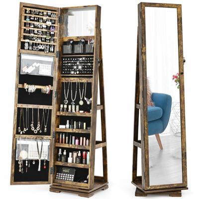 360 Roterende Gespiegelde Sieraden Kast 2-In-1 Afsluitbare Sieraden Organisator met Volledige Lengte Spiegel Rustiek 39 x 39 x 161 cm