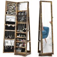 360 Roterende Gespiegelde Sieraden Kast 2-In-1 Afsluitbare Sieraden Organisator met Volledige Lengte Spiegel Rustiek 39 x 39 x 161 cm