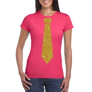 Roze fun t-shirt met stropdas in glitter goud dames