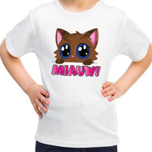 Verkleed T-shirt voor jongens/meisjes - Miauw - wit - carnaval - feestkleding voor kinderen