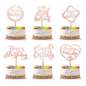 Fissaly® 6 Stuks Rosé Gouden Happy Birthday Taarttopper & Caketopper Set – Taartversiering – Decoratie Topper