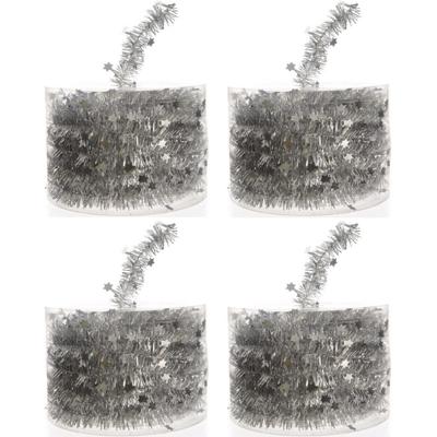 Decoris kerstslinger-guirlande - 4x - met sterren - zilver - glanzende lametta - 700 cm