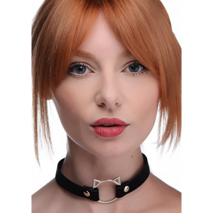 XR Brands Kinky Kitty Ring Slim Choker - PU Leather - Black