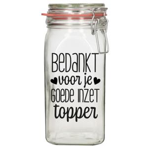 Cadeau voorraadpot/snoeppot - bedankt topper - glas - 12 x 7 cm - 1,5 liter