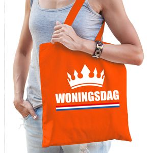 Woningsdag tas / shopper oranje katoen met witte tekst en kroon voor dames - Feest Boodschappentassen