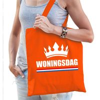 Woningsdag tas / shopper oranje katoen met witte tekst en kroon voor dames - Feest Boodschappentassen - thumbnail