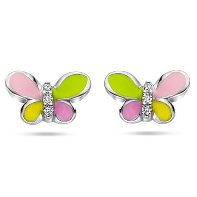 Oorknoppen Vlinder zilver-emaille-zirconia roze-geel-groen-wit 5,5 x 8,5 mm