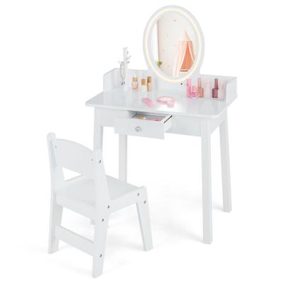 Kinderkaptafelset met Verlichte Spiegel Make-Up Kaptafel met Stoel Tweekleurige LED-Verlichting Sieradenopberger Boomvormige Lade Wit