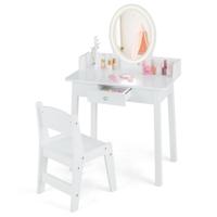 Kinderkaptafelset met Verlichte Spiegel Make-Up Kaptafel met Stoel Tweekleurige LED-Verlichting Sieradenopberger Boomvormige Lade Wit