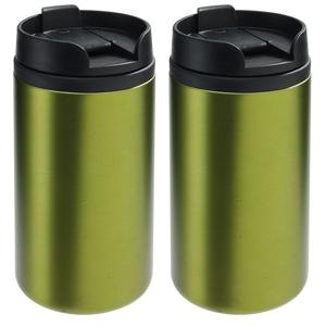 Thermosbeker/warmhoudbeker Koffie To Go - 2x - metallic groen - 290 ml - dubbelwandig - met schroefd