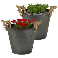 Plantenpot/bloempot emmer Old Rope - 2x - zink - antraciet - D22 X H20 cm