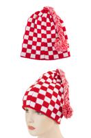 Gebreide Muts Geblokt rood/wit met flosje
