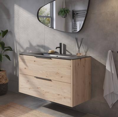 Saqu Lima voorgemonteerd badmeubel met mat zwarte greep incl. mat zwarte keramische wastafel 101x46cm naturel eiken
