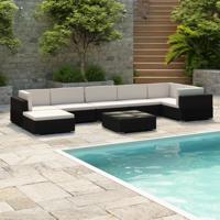 8-delige Loungeset met kussens poly rattan zwart