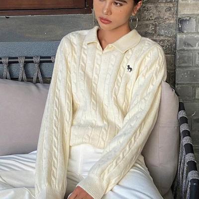 Bon&Bon Women's Navy Blue Polo Collar Cable-Knit Embroidered Sweater White-4 / XL