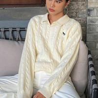 Bon&Bon Women's Navy Blue Polo Collar Cable-Knit Embroidered Sweater White-4 / XL