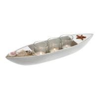 Theelichthouder houten bootje - wit - 40 cm - MDF en glas - woondecoratie Theelichthouder houten bootje - wit - 40 cm - MDF en glas - woondecoratie