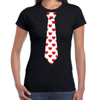 Valentijnsdag stropdas t-shirt hartjes voor dames - zwart - thumbnail