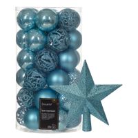 Kerstversiering set - 37x st kerstballen en ster piek - ijsblauw - kunststof