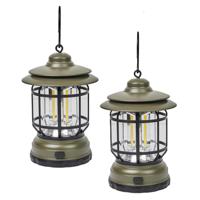 Portable campinglamp/stormlantaarn - 2x - metaal - met haak - groen - h17 cm