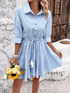 Striped Casual Shirt Collar Loose Dress With No