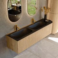 Mondiaz KURVE 165 cm Onderkast Greeploos 2 Lades Met Deuren Oak, Wastafel Solid Surface Links Urban 2 Kraangaten Zonder Spiegel (KRVBGS165R2L1D2KD-Oak/Urb)
