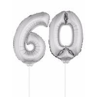 60 jaar leeftijd feestartikelen - versiering cijfers - zilver - ballonnen op stokje - van 41 cm