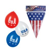 Amerika/USA thema versiering set - 2x vlaggetjes en 12x thema ballonnen - feestartikelen Amerika/USA thema versiering set - 2x vlaggetjes en 12x thema ballonnen - feestartikelen