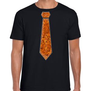 Verkleed t-shirt voor heren - stropdas oranje - pailletten - zwart - carnaval - foute party